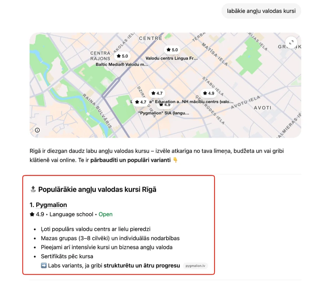 ChatGPT answer citing Pygmalion Language Centre for language courses in Riga
