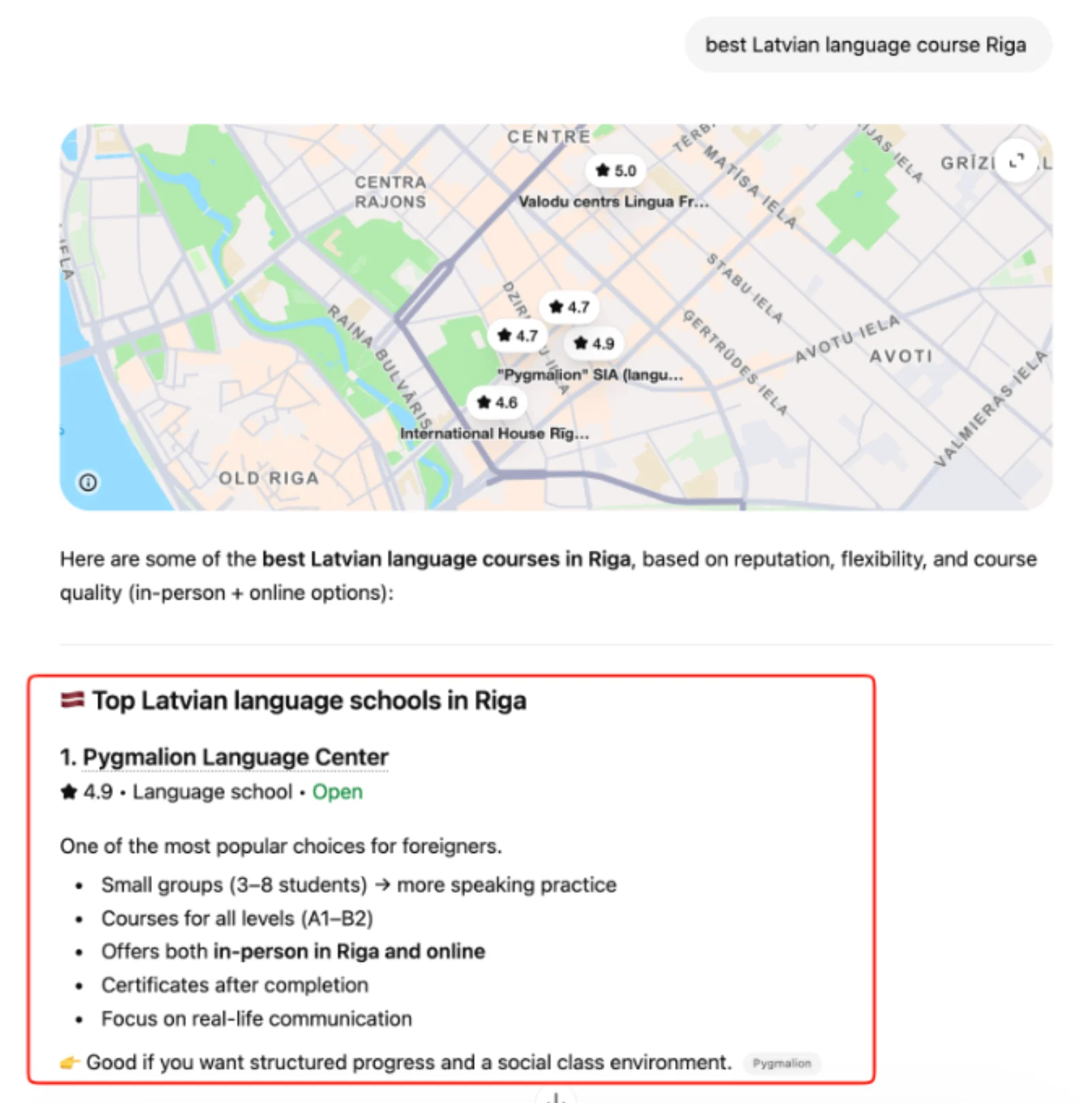 English-language ChatGPT answer citing Pygmalion Language Centre